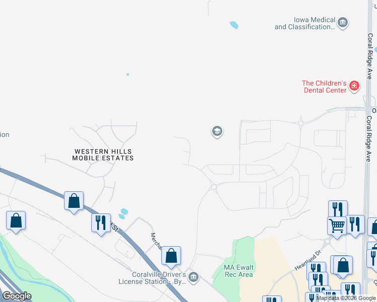 map of restaurants, bars, coffee shops, grocery stores, and more near Jones Boulevard in Coralville