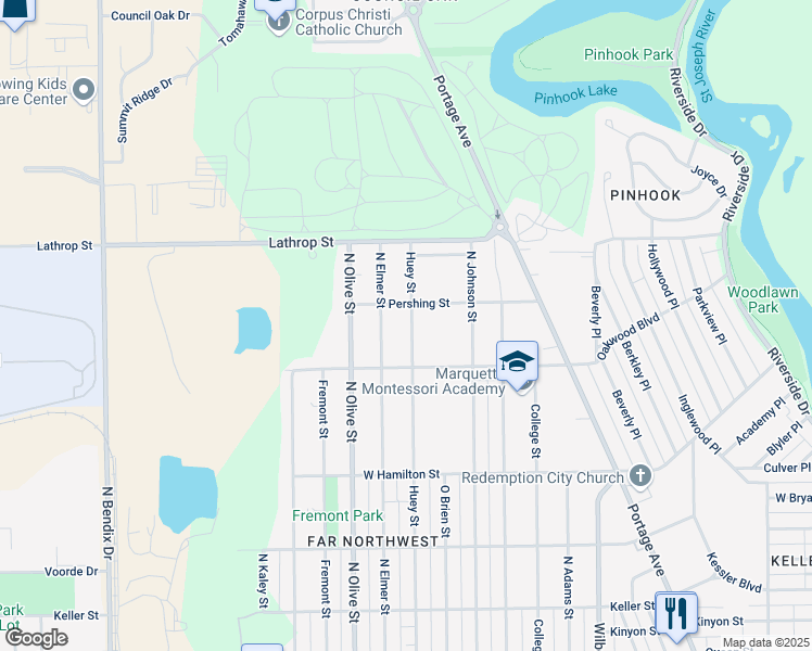 map of restaurants, bars, coffee shops, grocery stores, and more near 2139 Huey Street in South Bend