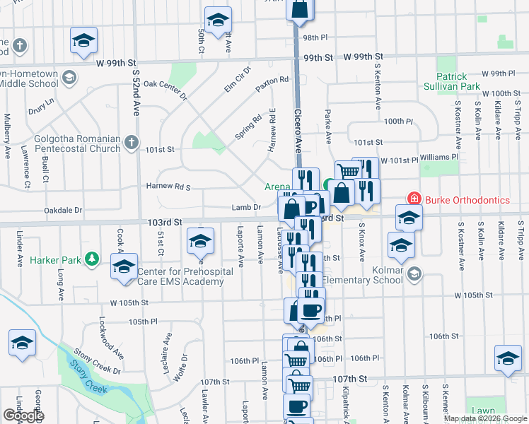 map of restaurants, bars, coffee shops, grocery stores, and more near 4845 Lamb Drive in Oak Lawn
