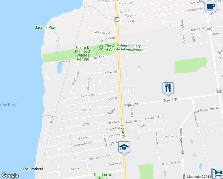 map of restaurants, bars, coffee shops, grocery stores, and more near 7 Patricia Ann Drive in Bristol