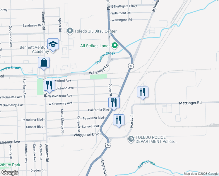 map of restaurants, bars, coffee shops, grocery stores, and more near 3 West Capistrano Avenue in Toledo