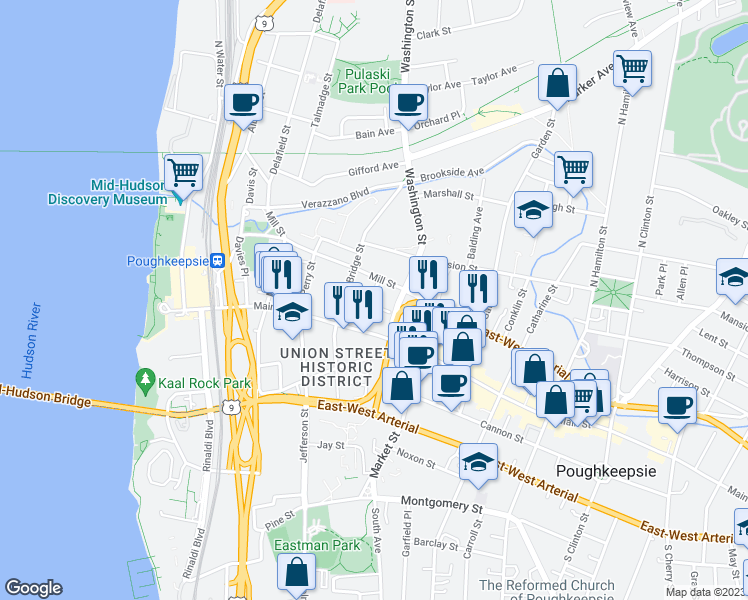 map of restaurants, bars, coffee shops, grocery stores, and more near 1 Lafayette Place in Poughkeepsie