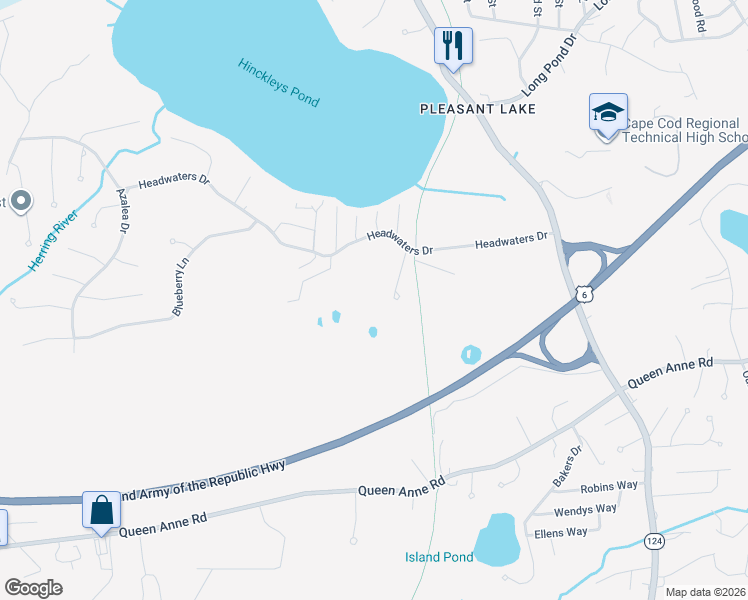 map of restaurants, bars, coffee shops, grocery stores, and more near 111 Headwaters Drive in Harwich