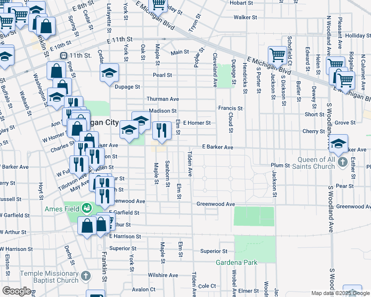 map of restaurants, bars, coffee shops, grocery stores, and more near 711 East Barker Avenue in Michigan City