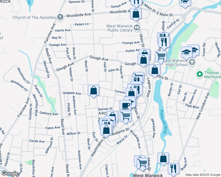 map of restaurants, bars, coffee shops, grocery stores, and more near 2 Kenmore Street in West Warwick