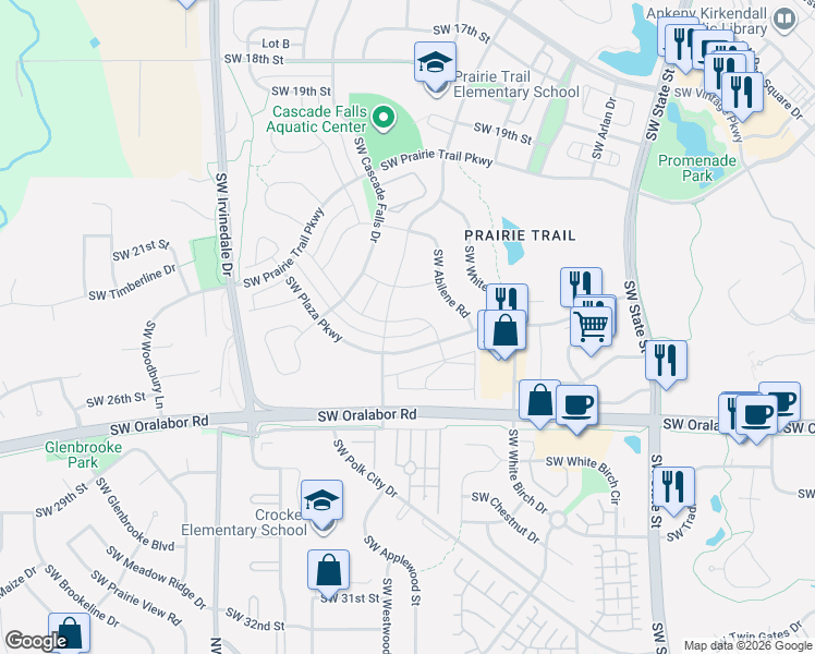 map of restaurants, bars, coffee shops, grocery stores, and more near 2407 Southwest 23rd Street in Ankeny