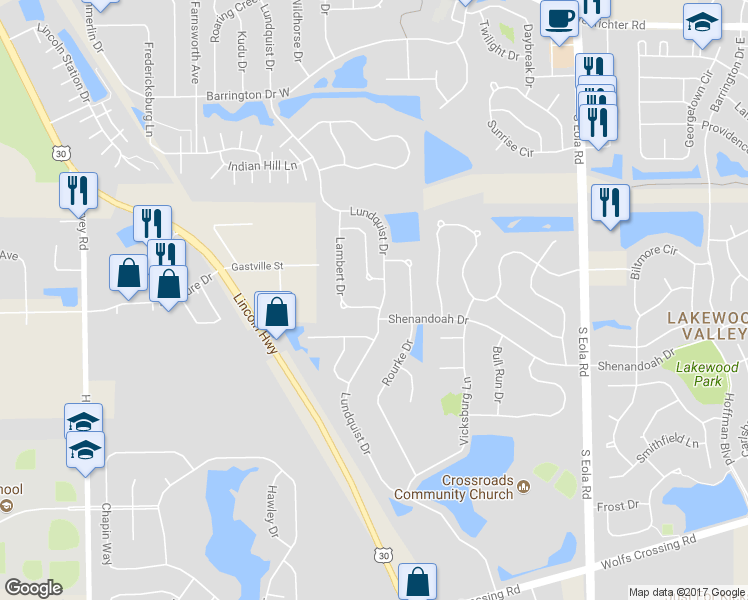 map of restaurants, bars, coffee shops, grocery stores, and more near 2604 Lambert Drive in Aurora