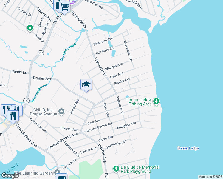 map of restaurants, bars, coffee shops, grocery stores, and more near 353 Tidewater Dr in Warwick