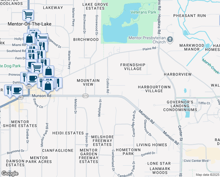 map of restaurants, bars, coffee shops, grocery stores, and more near 6067 Collins Road in Mentor