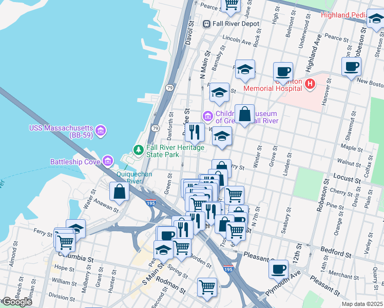 map of restaurants, bars, coffee shops, grocery stores, and more near 190 Cherry Street in Fall River