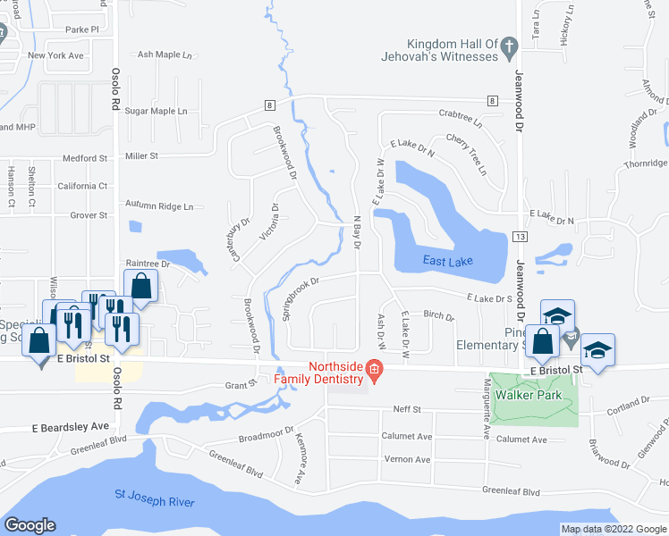 map of restaurants, bars, coffee shops, grocery stores, and more near 1628 Springbrook Dr in Elkhart