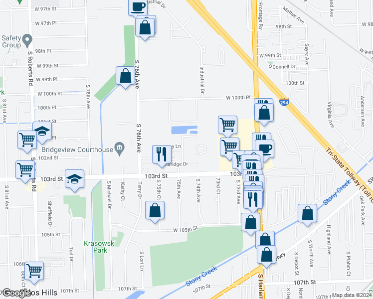 map of restaurants, bars, coffee shops, grocery stores, and more near 10215 Camden Lane in Bridgeview