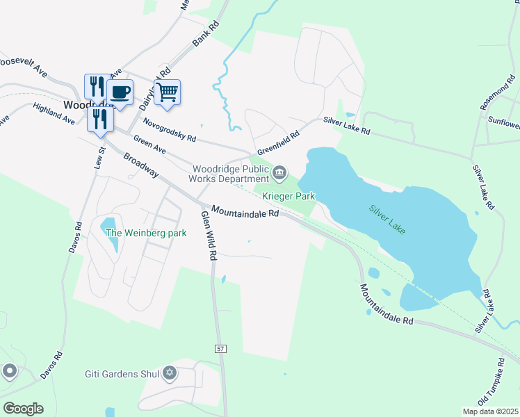 map of restaurants, bars, coffee shops, grocery stores, and more near 374 Mountaindale Road in Woodridge