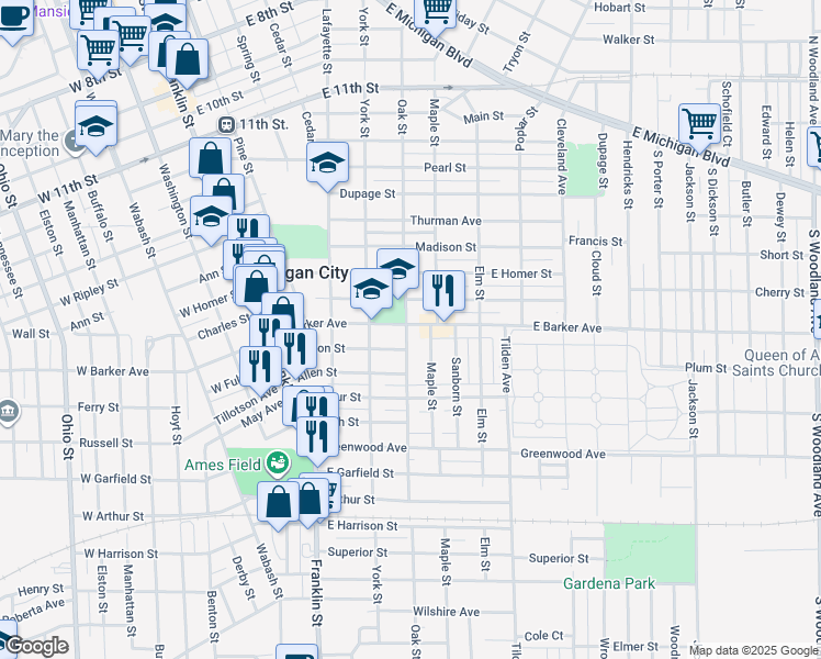 map of restaurants, bars, coffee shops, grocery stores, and more near 401 East Barker Avenue in Michigan City