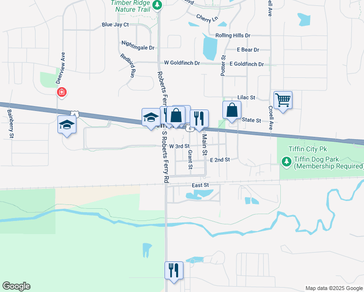 map of restaurants, bars, coffee shops, grocery stores, and more near 222 West 3rd Street in Tiffin