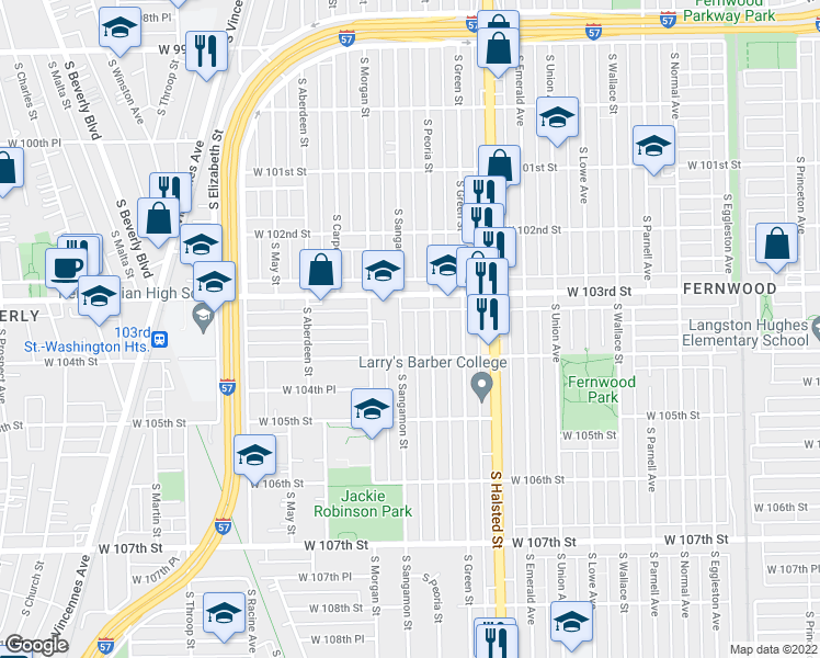 map of restaurants, bars, coffee shops, grocery stores, and more near 10333 South Sangamon Street in Chicago