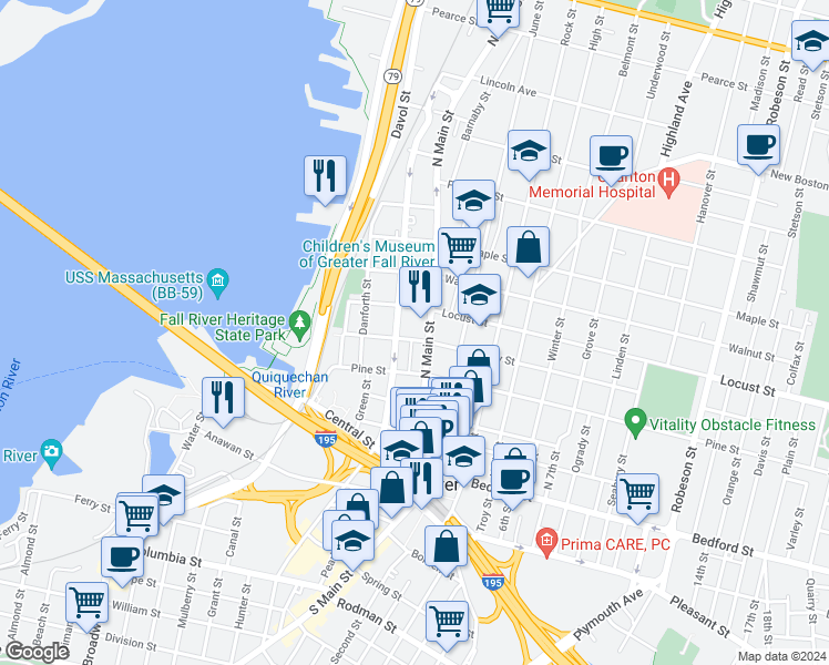 map of restaurants, bars, coffee shops, grocery stores, and more near 190 Cherry St in Fall River