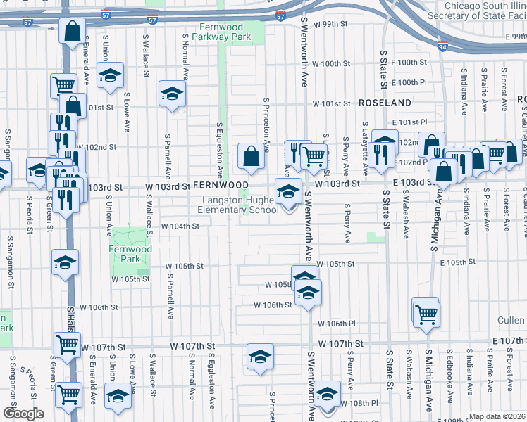 map of restaurants, bars, coffee shops, grocery stores, and more near 321 West 103rd Place in Chicago