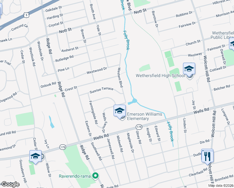 map of restaurants, bars, coffee shops, grocery stores, and more near 18 Sunrise Terrace in Wethersfield