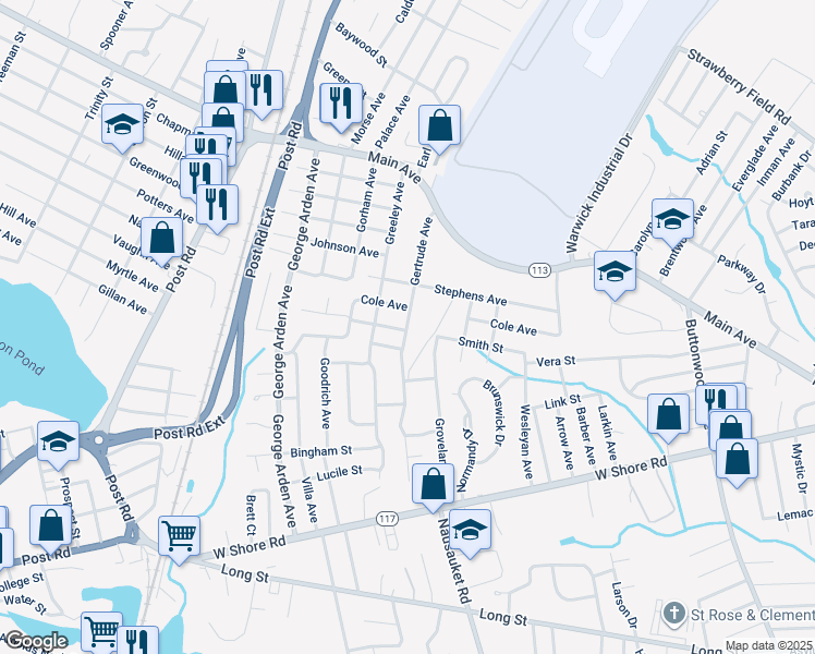 map of restaurants, bars, coffee shops, grocery stores, and more near 129 Smith Street in Warwick