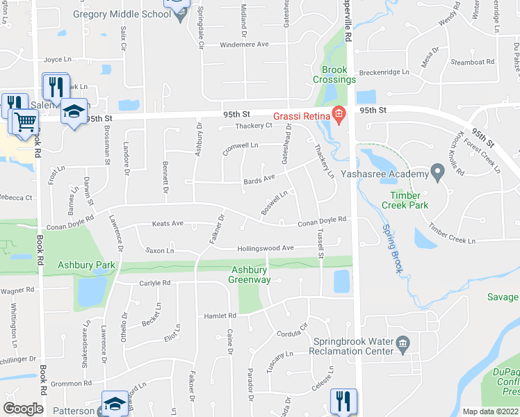 map of restaurants, bars, coffee shops, grocery stores, and more near 1231 Boswell Lane in Naperville