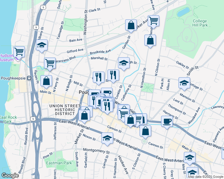map of restaurants, bars, coffee shops, grocery stores, and more near 59 Garden Street in Poughkeepsie