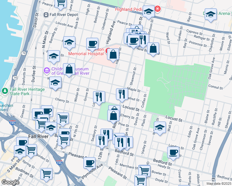 map of restaurants, bars, coffee shops, grocery stores, and more near 77 Hanover Street in Fall River