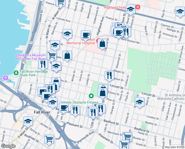 map of restaurants, bars, coffee shops, grocery stores, and more near 673 Walnut Street in Fall River