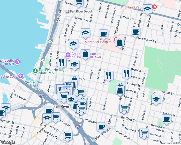 map of restaurants, bars, coffee shops, grocery stores, and more near 229 Winter Street in Fall River