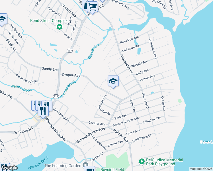 map of restaurants, bars, coffee shops, grocery stores, and more near 69 Draper Avenue in Warwick