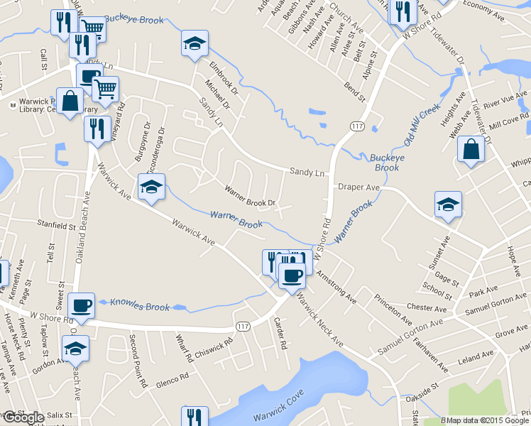 map of restaurants, bars, coffee shops, grocery stores, and more near 400 Warner Brook Drive in Warwick