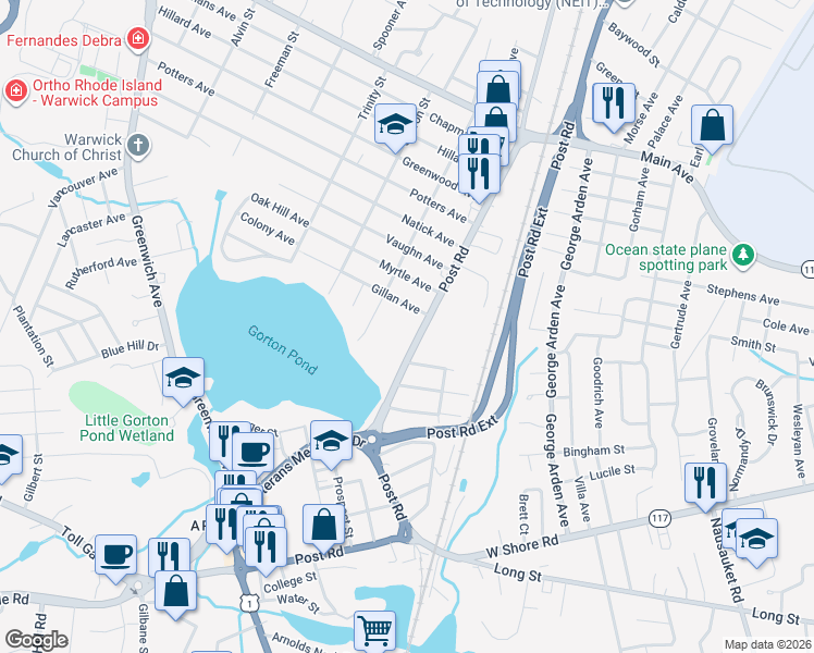 map of restaurants, bars, coffee shops, grocery stores, and more near 230 Burt Street in Warwick