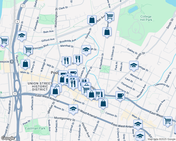 map of restaurants, bars, coffee shops, grocery stores, and more near 33 Conklin Street in Poughkeepsie