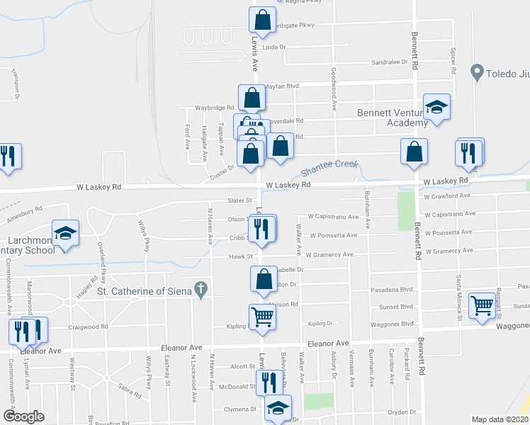 map of restaurants, bars, coffee shops, grocery stores, and more near 4862 Lewis Avenue in Toledo