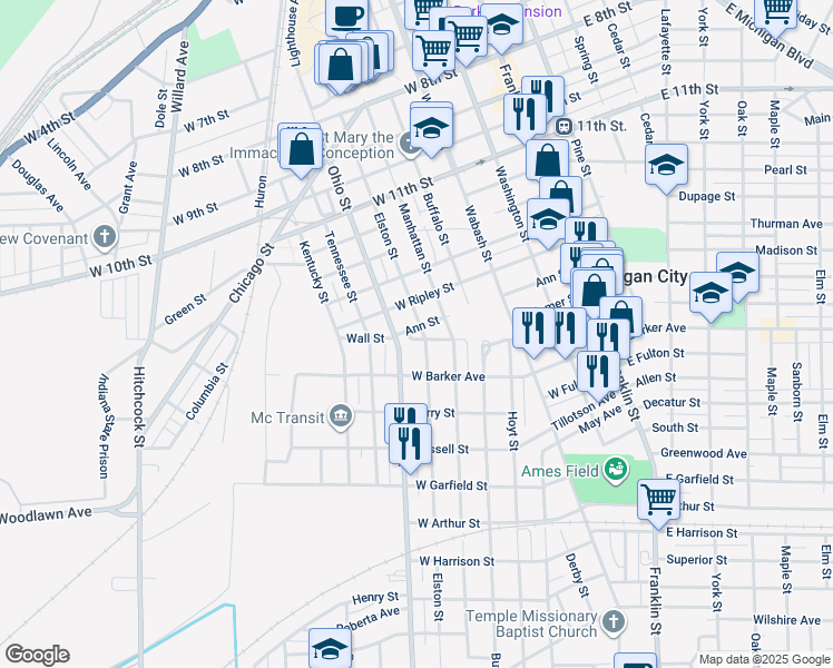 map of restaurants, bars, coffee shops, grocery stores, and more near 553 Ann Street in Michigan City