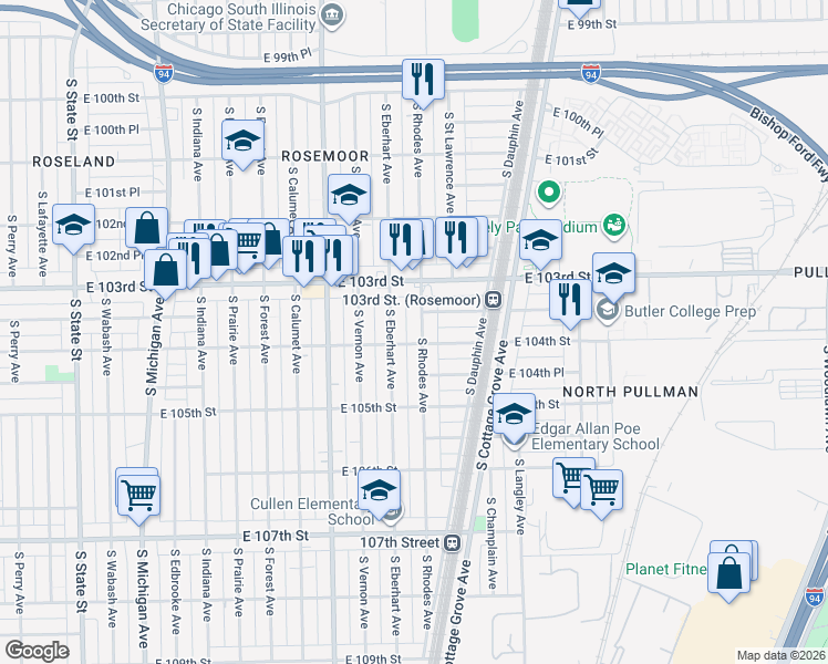 map of restaurants, bars, coffee shops, grocery stores, and more near 10348 South Rhodes Avenue in Chicago
