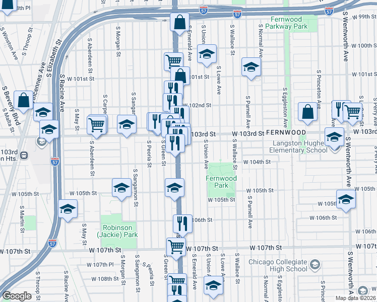 map of restaurants, bars, coffee shops, grocery stores, and more near 10330 South Emerald Avenue in Chicago
