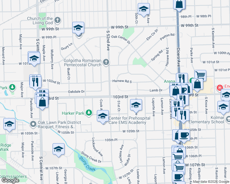 map of restaurants, bars, coffee shops, grocery stores, and more near 10249 South 52nd Avenue in Oak Lawn