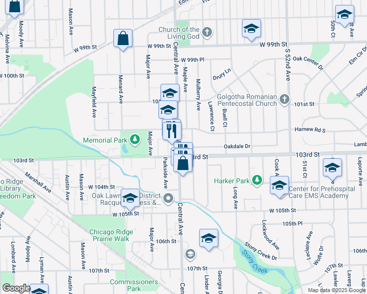 map of restaurants, bars, coffee shops, grocery stores, and more near 10230 Washington Avenue in Oak Lawn