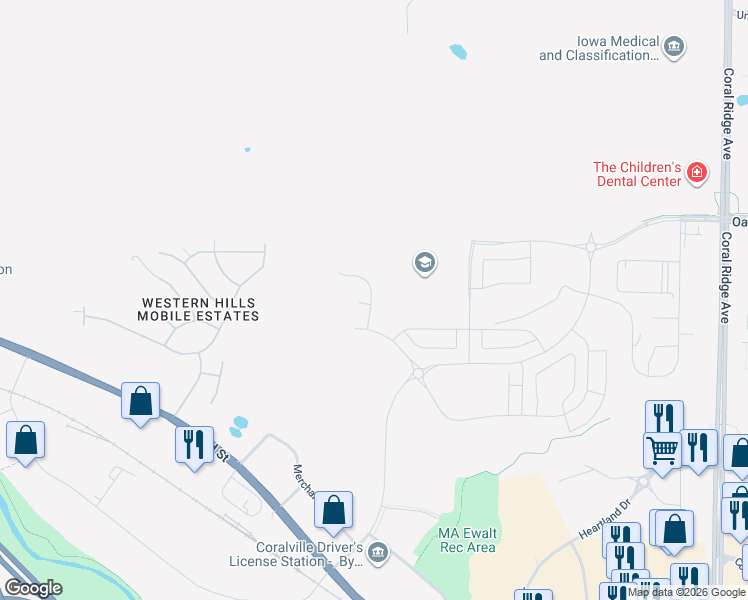 map of restaurants, bars, coffee shops, grocery stores, and more near Jones Boulevard in Coralville