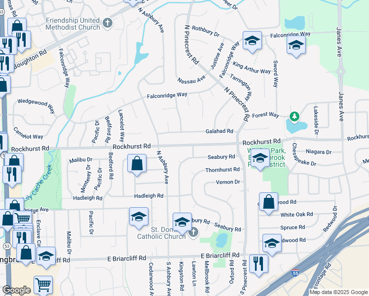 map of restaurants, bars, coffee shops, grocery stores, and more near 423 Rockhurst Road in Bolingbrook