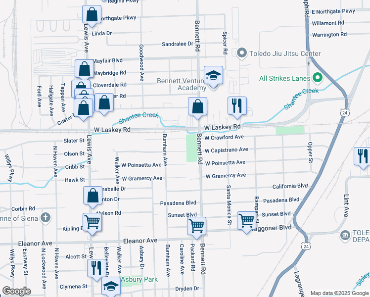 map of restaurants, bars, coffee shops, grocery stores, and more near 532 West Capistrano Avenue in Toledo