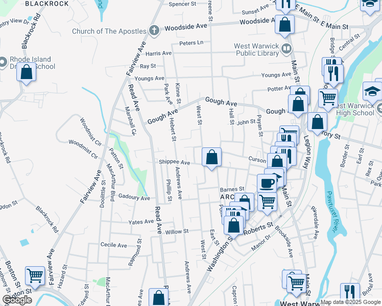 map of restaurants, bars, coffee shops, grocery stores, and more near 20 Agnes Street in West Warwick