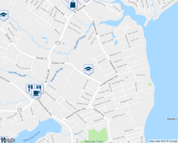 map of restaurants, bars, coffee shops, grocery stores, and more near 69 Draper Avenue in Warwick