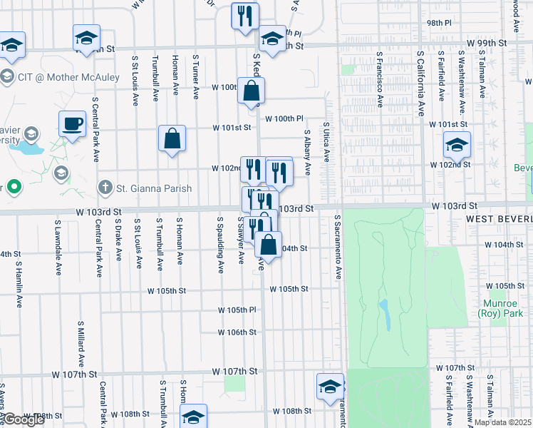 map of restaurants, bars, coffee shops, grocery stores, and more near 3139 West 103rd Street in Chicago