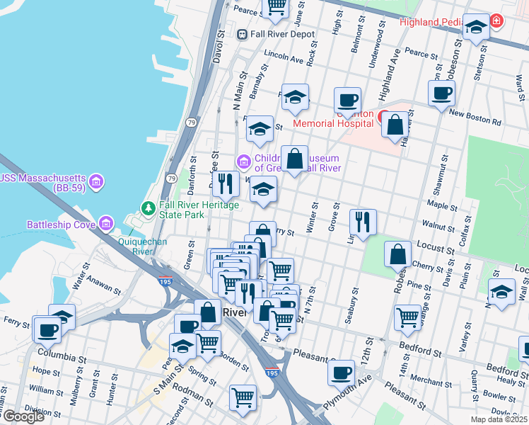 map of restaurants, bars, coffee shops, grocery stores, and more near 290 Rock Street in Fall River