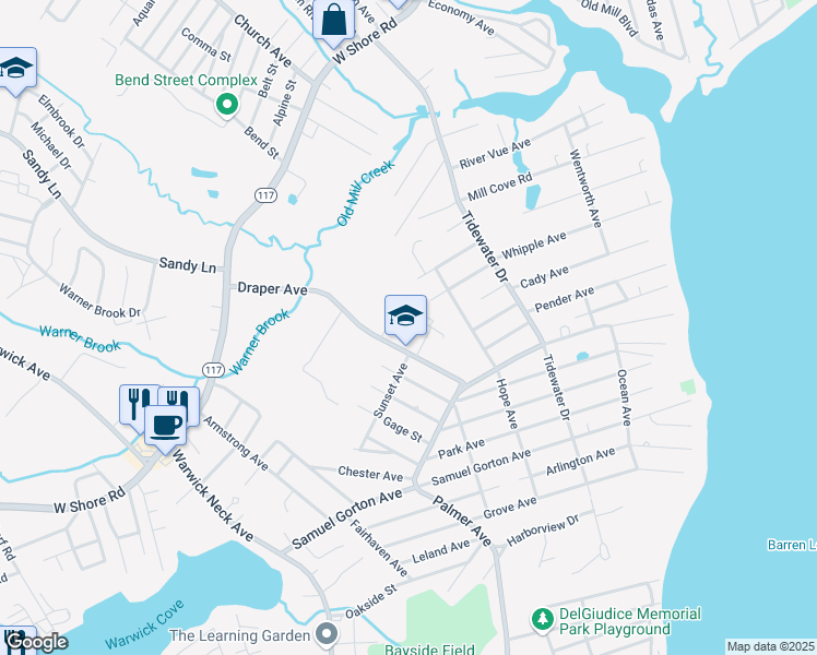 map of restaurants, bars, coffee shops, grocery stores, and more near 69 Draper Avenue in Warwick
