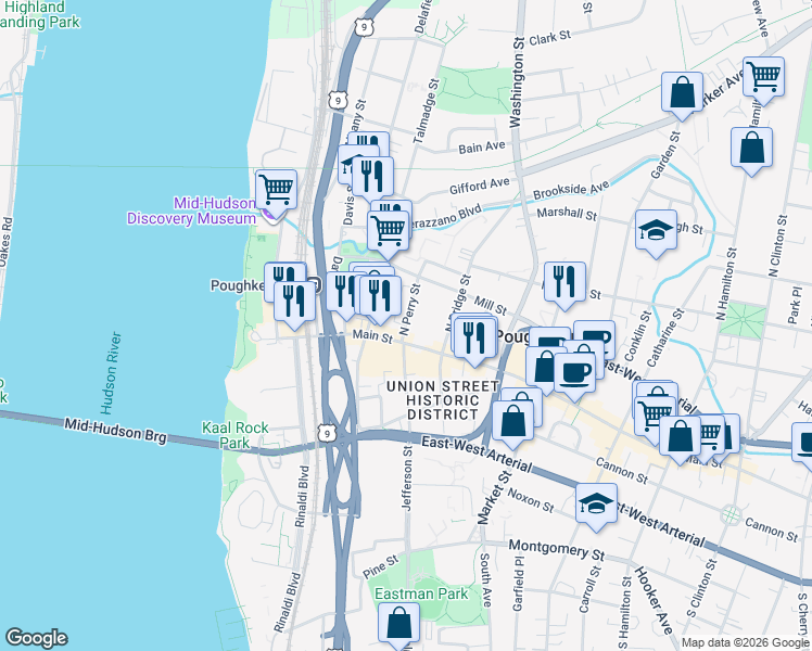 map of restaurants, bars, coffee shops, grocery stores, and more near 13 North Perry Street in Poughkeepsie