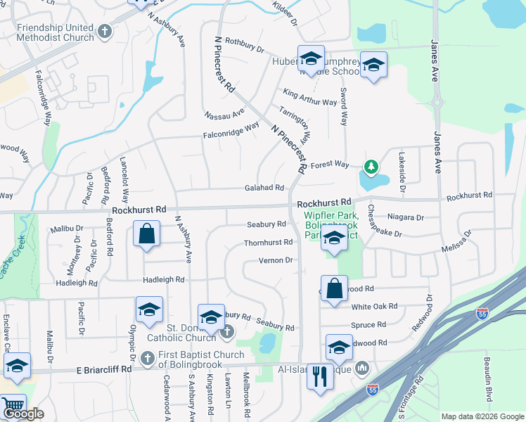 map of restaurants, bars, coffee shops, grocery stores, and more near 473 Rockhurst Road in Bolingbrook