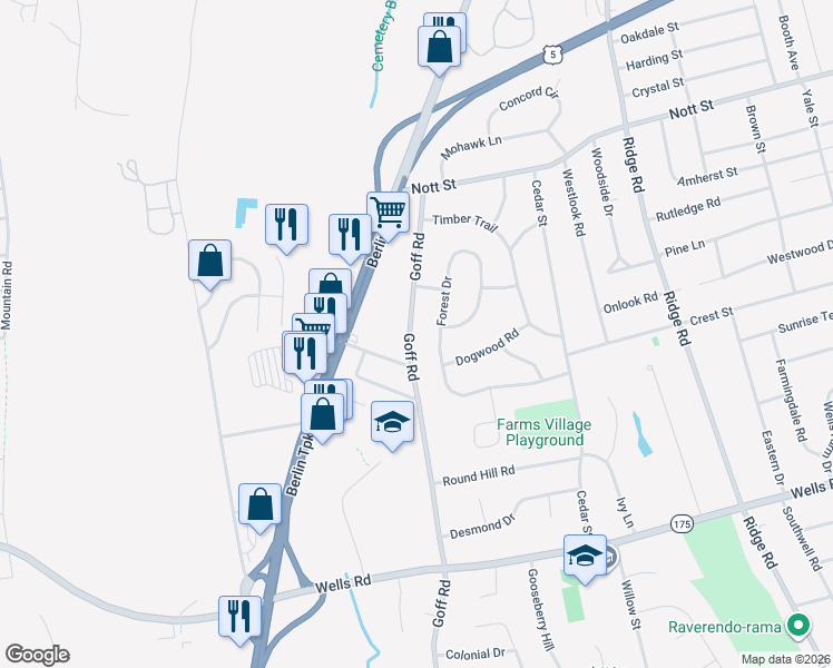 map of restaurants, bars, coffee shops, grocery stores, and more near 122 Goff Road in Wethersfield